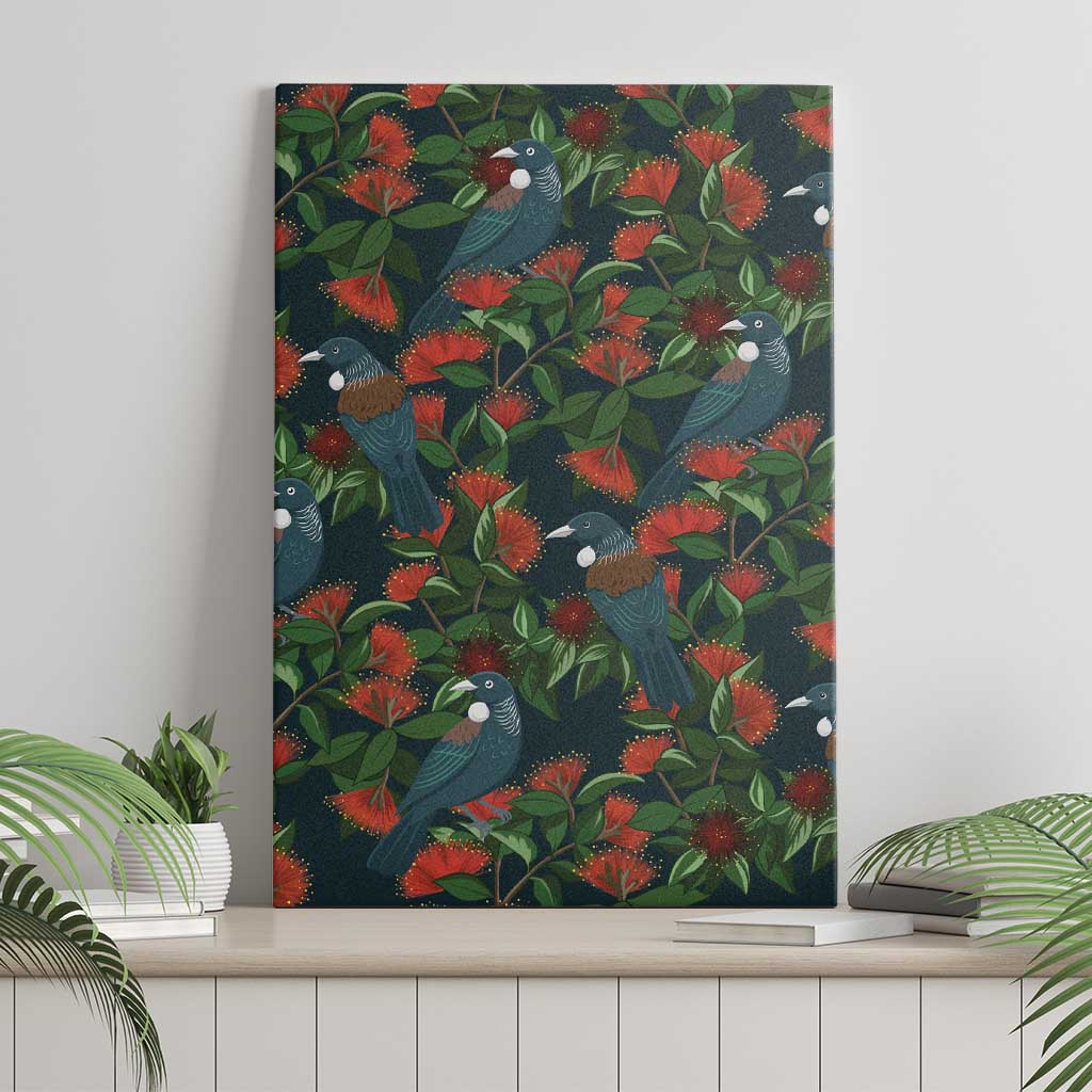 New Zealand Christmas Canvas Wall Art Romantic Tui Birds on Pohutukawa - Cobalt LT7 - Polynesian Pride