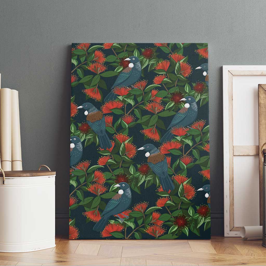 New Zealand Christmas Canvas Wall Art Romantic Tui Birds on Pohutukawa - Cobalt LT7 - Polynesian Pride