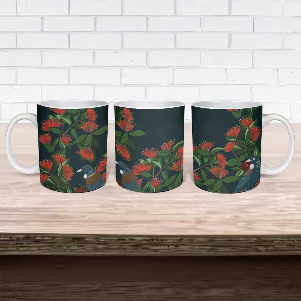 New Zealand Christmas Ceramic Mug Romantic Tui Birds on Pohutukawa - Cobalt - Polynesian Pride