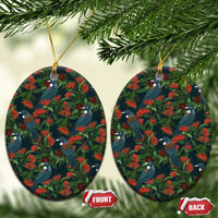 New Zealand Christmas Ceramic Ornament Romantic Tui Birds on Pohutukawa - Cobalt - Polynesian Pride
