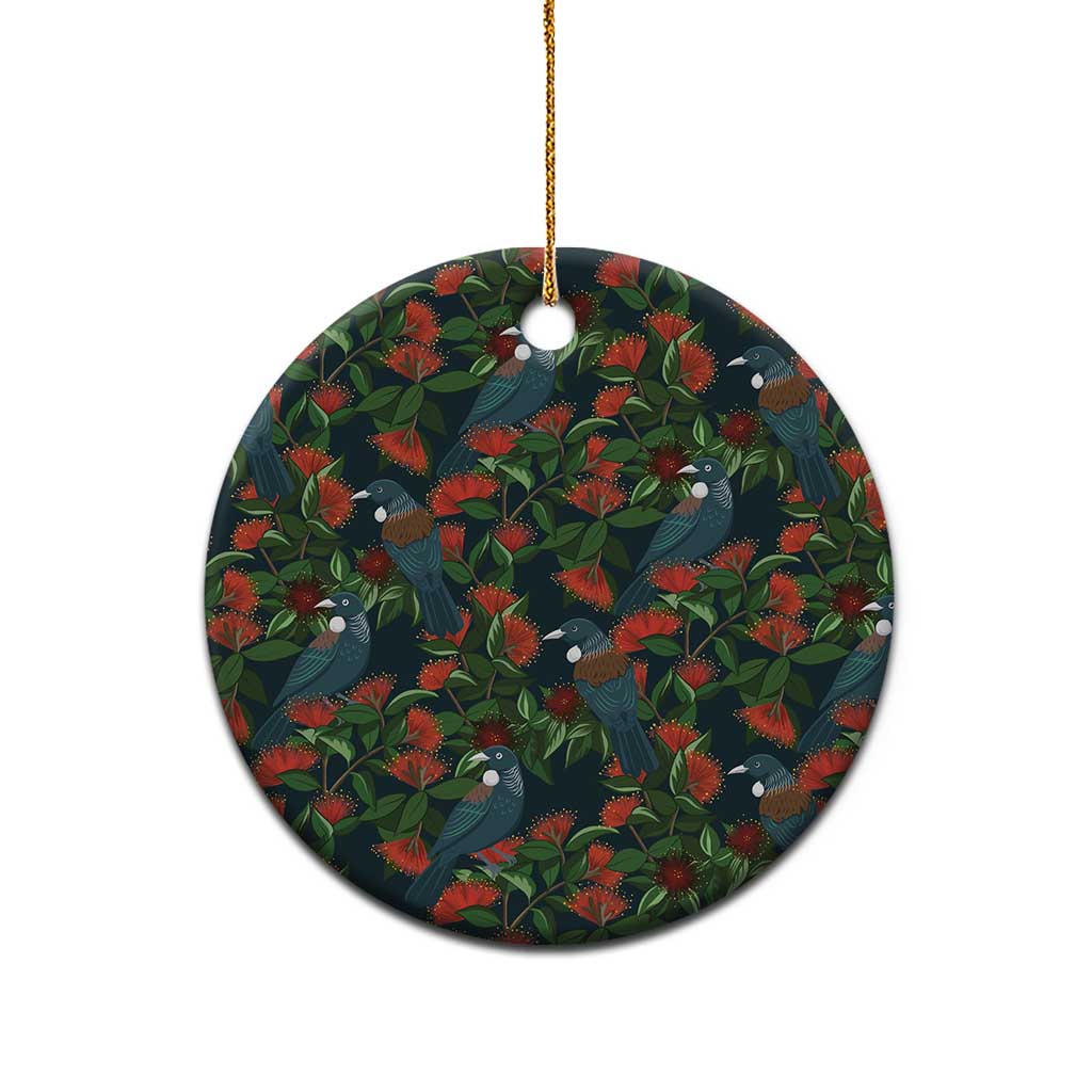 New Zealand Christmas Ceramic Ornament Romantic Tui Birds on Pohutukawa - Cobalt - Polynesian Pride