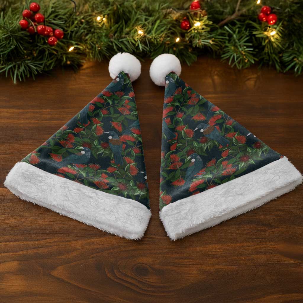 New Zealand Christmas Santa Hat Romantic Tui Birds on Pohutukawa - Cobalt - Polynesian Pride