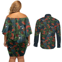 New Zealand Christmas Couples Matching Off Shoulder Short Dress and Long Sleeve Button Shirt Romantic Tui Birds on Pohutukawa - Cobalt - Polynesian Pride