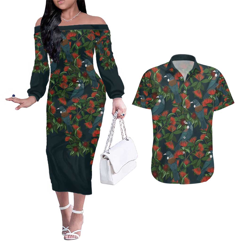 New Zealand Christmas Couples Matching Off The Shoulder Long Sleeve Dress and Hawaiian Shirt Romantic Tui Birds on Pohutukawa - Cobalt - Polynesian Pride