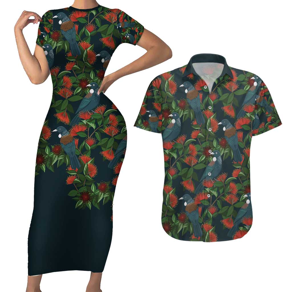 New Zealand Christmas Couples Matching Short Sleeve Bodycon Dress and Hawaiian Shirt Romantic Tui Birds on Pohutukawa - Cobalt - Polynesian Pride