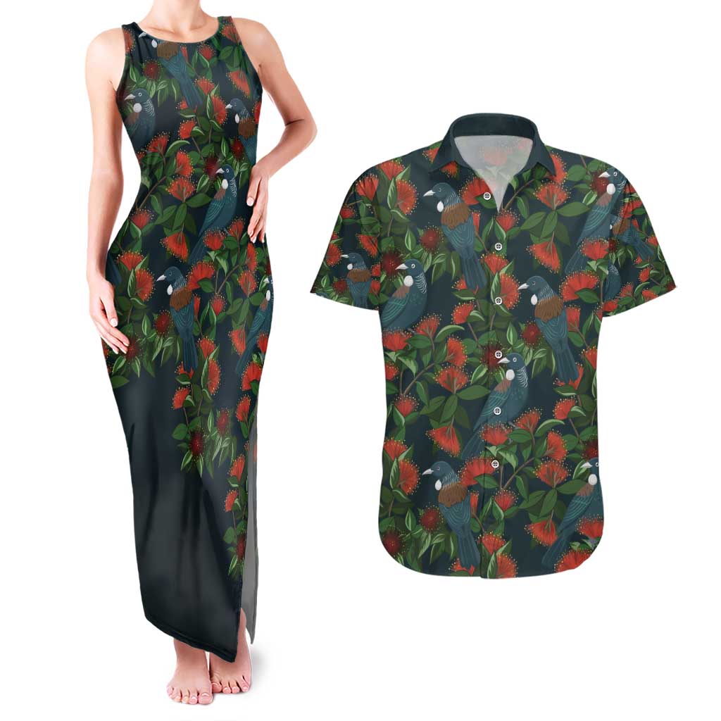 New Zealand Christmas Couples Matching Tank Maxi Dress and Hawaiian Shirt Romantic Tui Birds on Pohutukawa - Cobalt - Polynesian Pride
