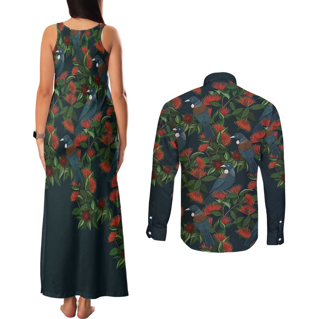 New Zealand Christmas Couples Matching Tank Maxi Dress and Long Sleeve Button Shirt Romantic Tui Birds on Pohutukawa - Cobalt - Polynesian Pride
