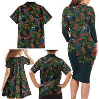 New Zealand Christmas Family Matching Long Sleeve Bodycon Dress and Hawaiian Shirt Romantic Tui Birds on Pohutukawa - Cobalt - Polynesian Pride