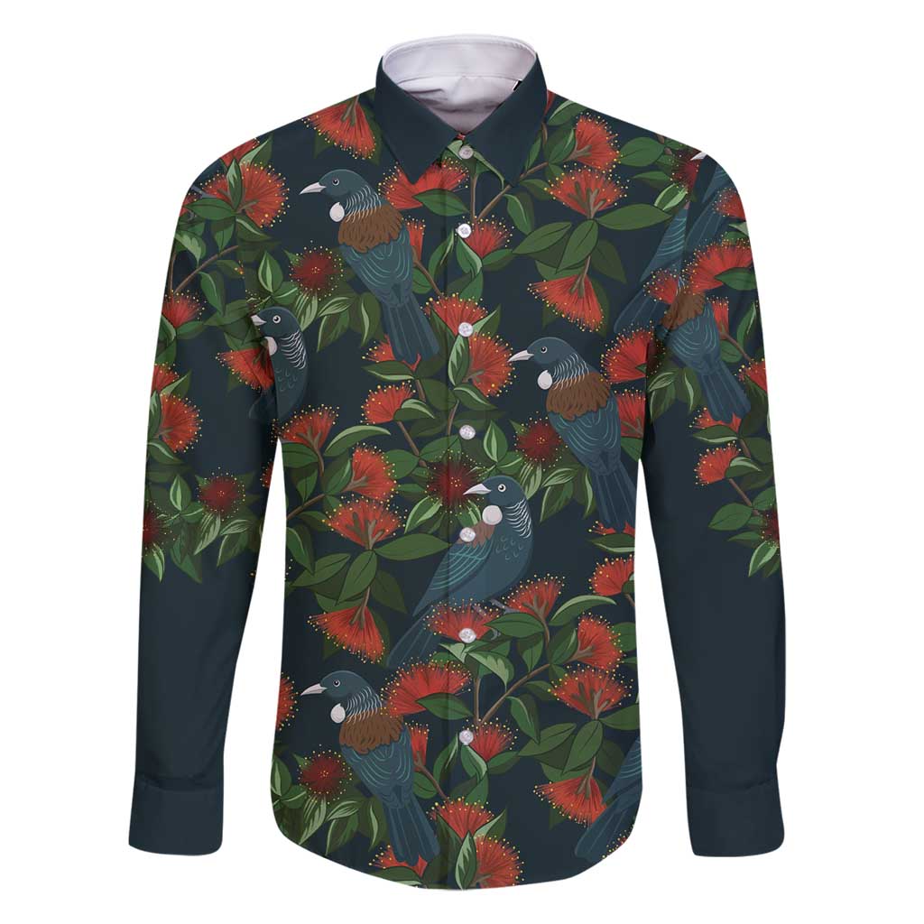 New Zealand Christmas Family Matching Long Sleeve Bodycon Dress and Hawaiian Shirt Romantic Tui Birds on Pohutukawa - Cobalt - Polynesian Pride