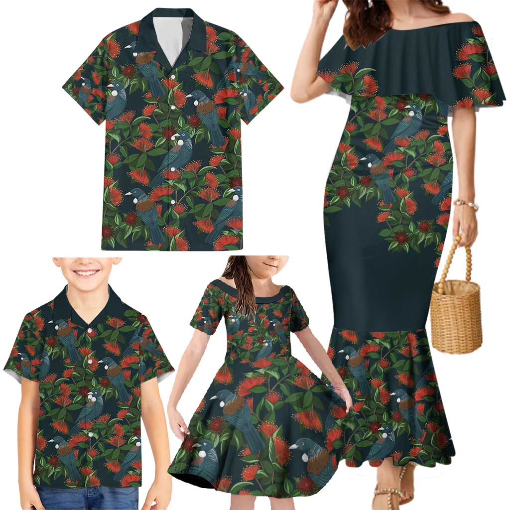 New Zealand Christmas Family Matching Mermaid Dress and Hawaiian Shirt Romantic Tui Birds on Pohutukawa - Cobalt - Polynesian Pride