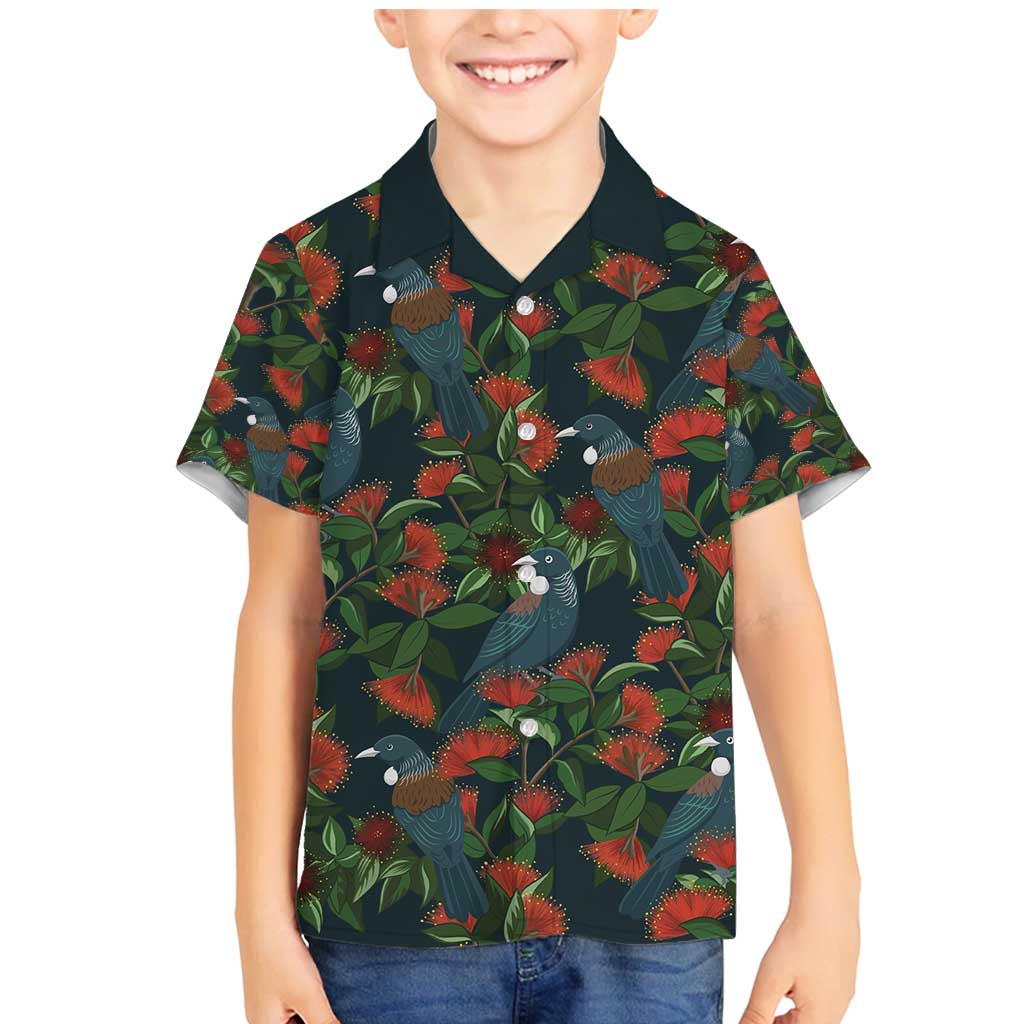 New Zealand Christmas Family Matching Mermaid Dress and Hawaiian Shirt Romantic Tui Birds on Pohutukawa - Cobalt - Polynesian Pride