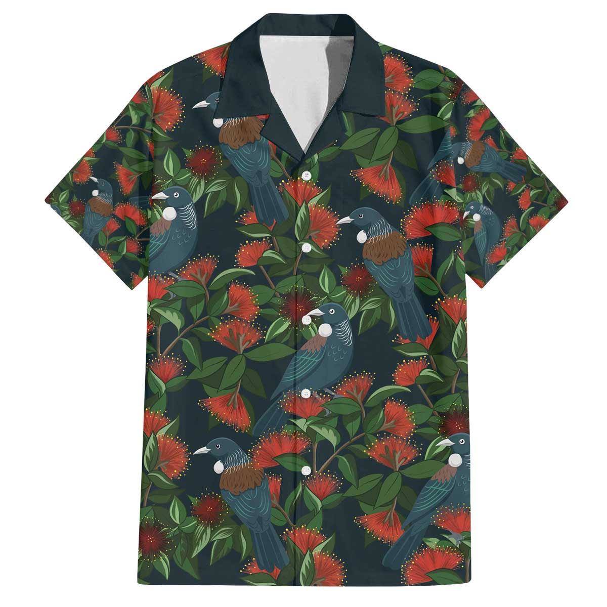 New Zealand Christmas Family Matching Off The Shoulder Long Sleeve Dress and Hawaiian Shirt Romantic Tui Birds on Pohutukawa - Cobalt - Polynesian Pride
