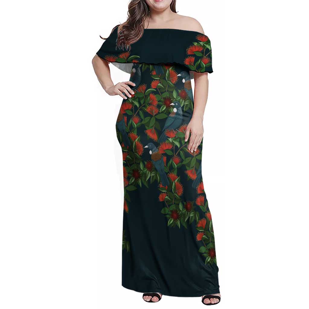 New Zealand Christmas Family Matching Off Shoulder Maxi Dress and Hawaiian Shirt Romantic Tui Birds on Pohutukawa - Cobalt - Polynesian Pride