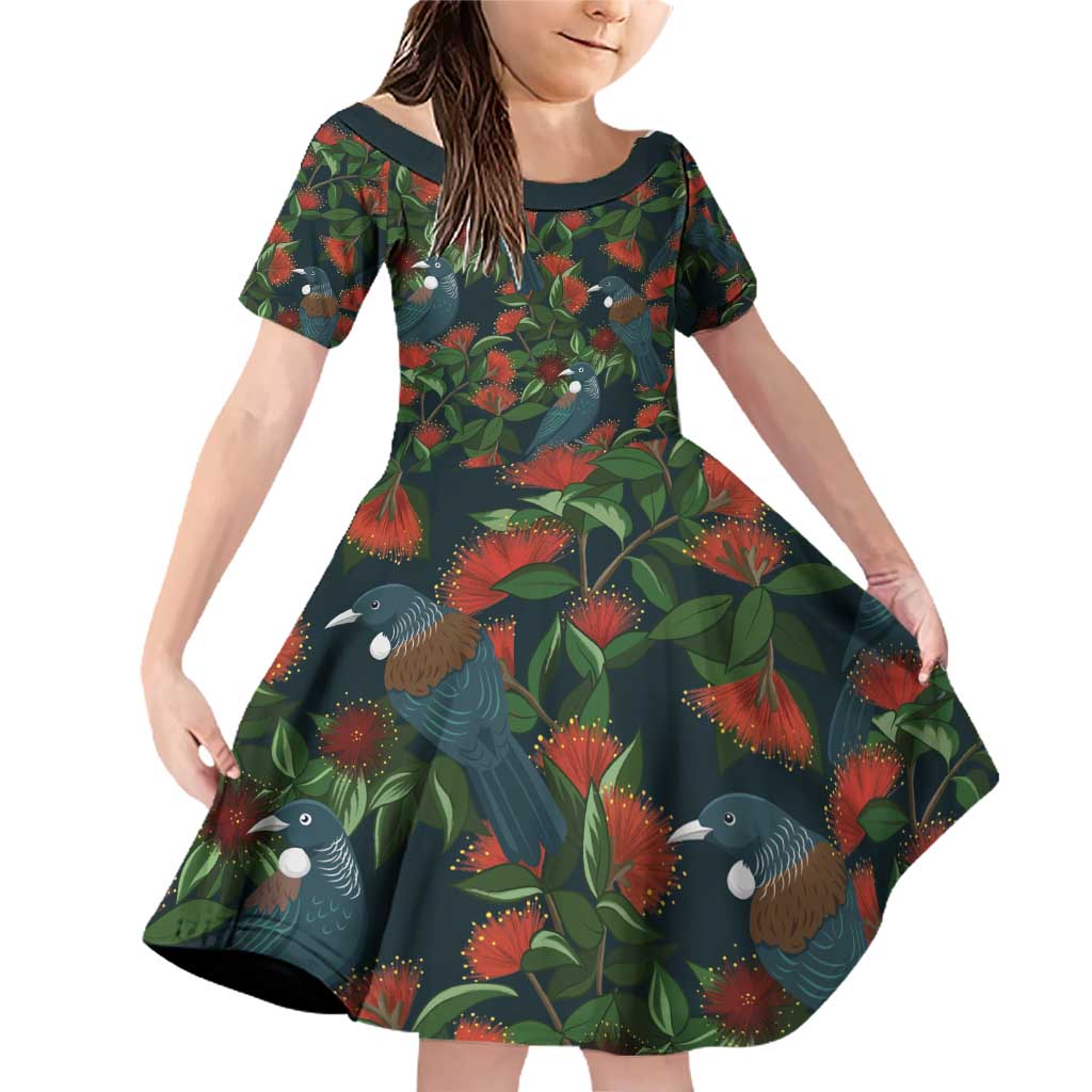 New Zealand Christmas Family Matching Off Shoulder Short Dress and Hawaiian Shirt Romantic Tui Birds on Pohutukawa - Cobalt - Polynesian Pride