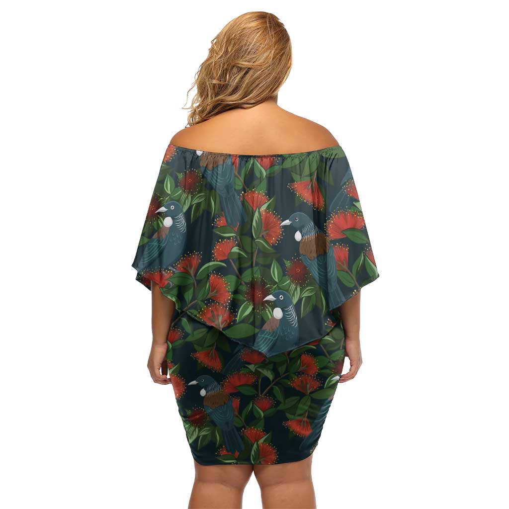 New Zealand Christmas Family Matching Off Shoulder Short Dress and Hawaiian Shirt Romantic Tui Birds on Pohutukawa - Cobalt - Polynesian Pride