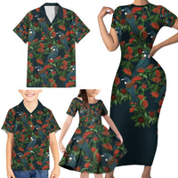 New Zealand Christmas Family Matching Short Sleeve Bodycon Dress and Hawaiian Shirt Romantic Tui Birds on Pohutukawa - Cobalt - Polynesian Pride