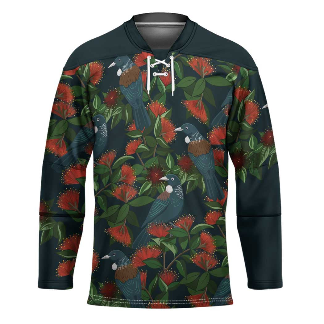 New Zealand Christmas Hockey Jersey Romantic Tui Birds on Pohutukawa - Cobalt - Polynesian Pride