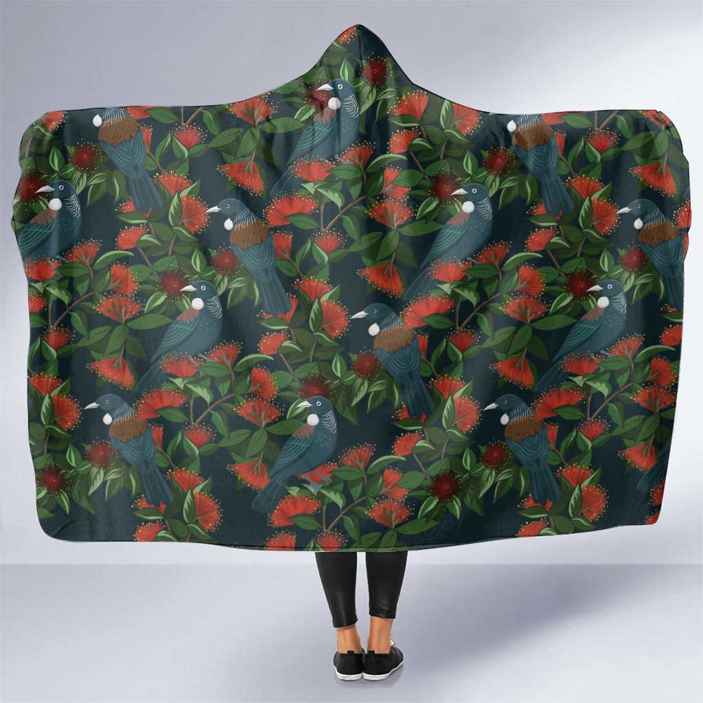 New Zealand Christmas Hooded Blanket Romantic Tui Birds on Pohutukawa - Cobalt - Polynesian Pride