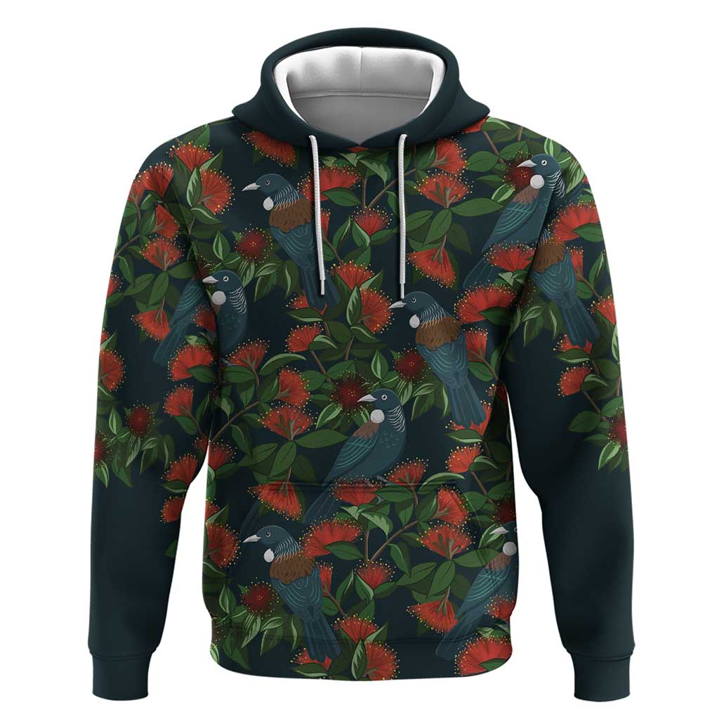 New Zealand Christmas Hoodie Romantic Tui Birds on Pohutukawa - Cobalt - Polynesian Pride