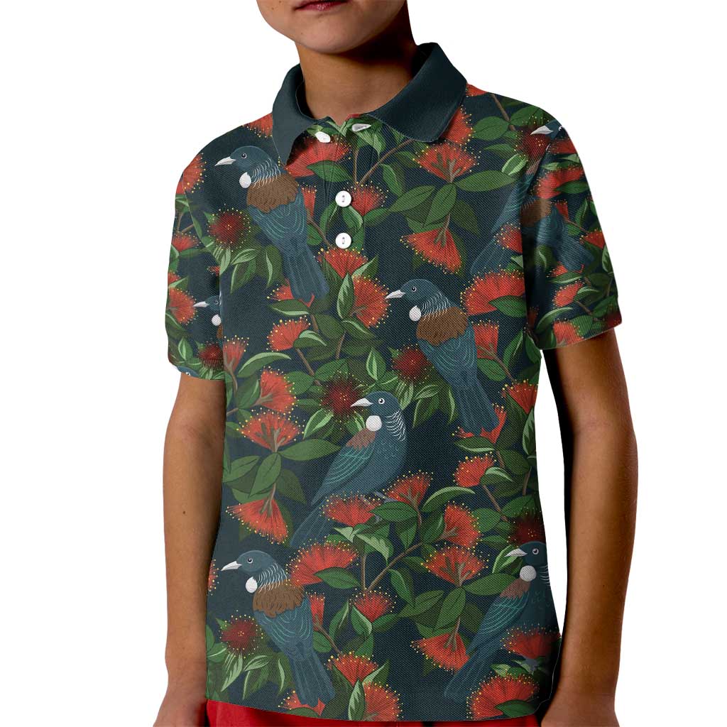 New Zealand Christmas Kid Polo Shirt Romantic Tui Birds on Pohutukawa - Cobalt - Polynesian Pride