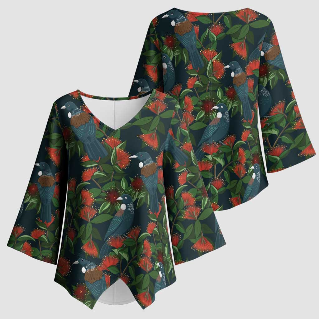 New Zealand Christmas Kimono Sleeve Blouse Romantic Tui Birds on Pohutukawa - Cobalt - Polynesian Pride