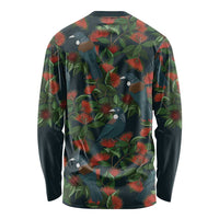New Zealand Christmas Long Sleeve Shirt Romantic Tui Birds on Pohutukawa - Cobalt - Polynesian Pride
