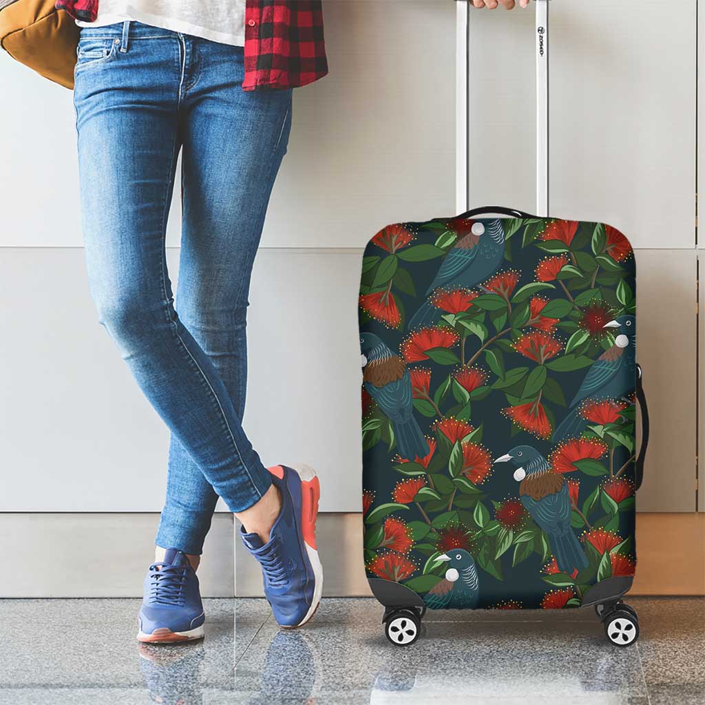 New Zealand Christmas Luggage Cover Romantic Tui Birds on Pohutukawa - Cobalt - Polynesian Pride
