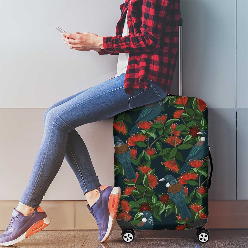 New Zealand Christmas Luggage Cover Romantic Tui Birds on Pohutukawa - Cobalt - Polynesian Pride