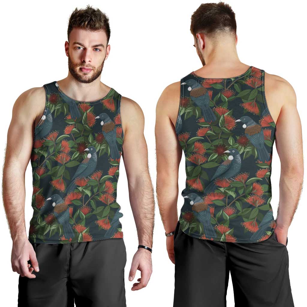 New Zealand Christmas Men Tank Top Romantic Tui Birds on Pohutukawa - Cobalt - Polynesian Pride