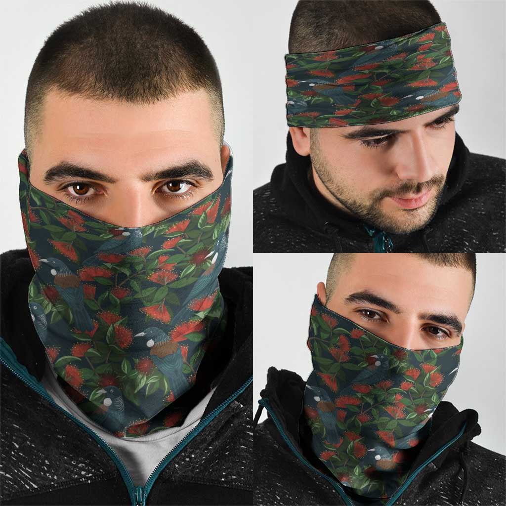 New Zealand Christmas Neck Gaiter Romantic Tui Birds on Pohutukawa - Cobalt LT7 - Polynesian Pride