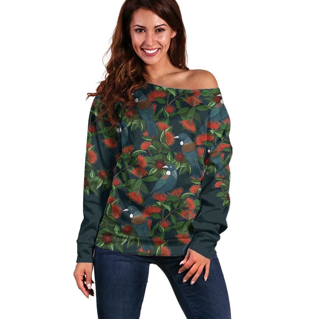 New Zealand Christmas Off Shoulder Sweater Romantic Tui Birds on Pohutukawa - Cobalt LT7 Women Cobalt - Polynesian Pride