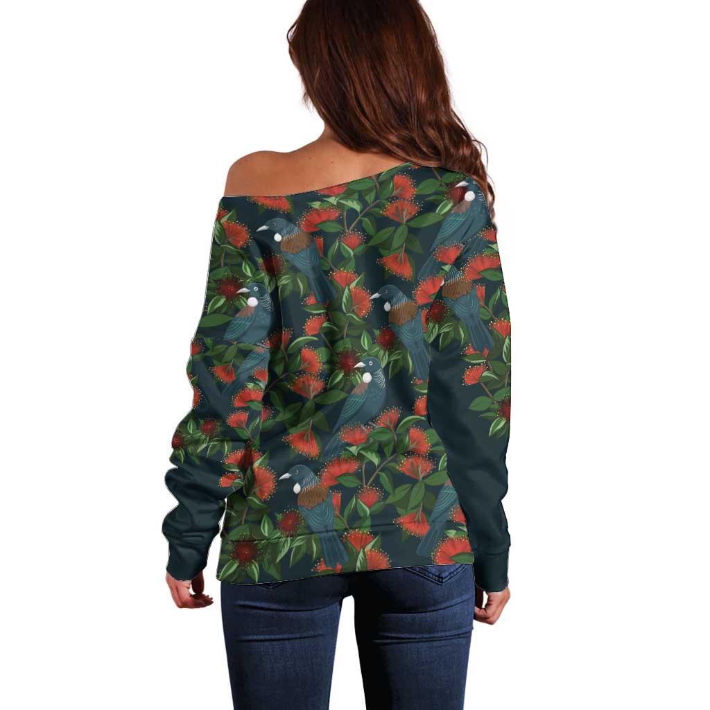 New Zealand Christmas Off Shoulder Sweater Romantic Tui Birds on Pohutukawa - Cobalt LT7 - Polynesian Pride