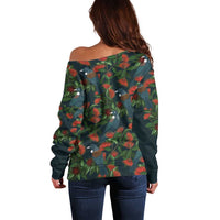 New Zealand Christmas Off Shoulder Sweater Romantic Tui Birds on Pohutukawa - Cobalt LT7 - Polynesian Pride