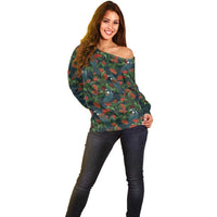 New Zealand Christmas Off Shoulder Sweater Romantic Tui Birds on Pohutukawa - Cobalt LT7 - Polynesian Pride