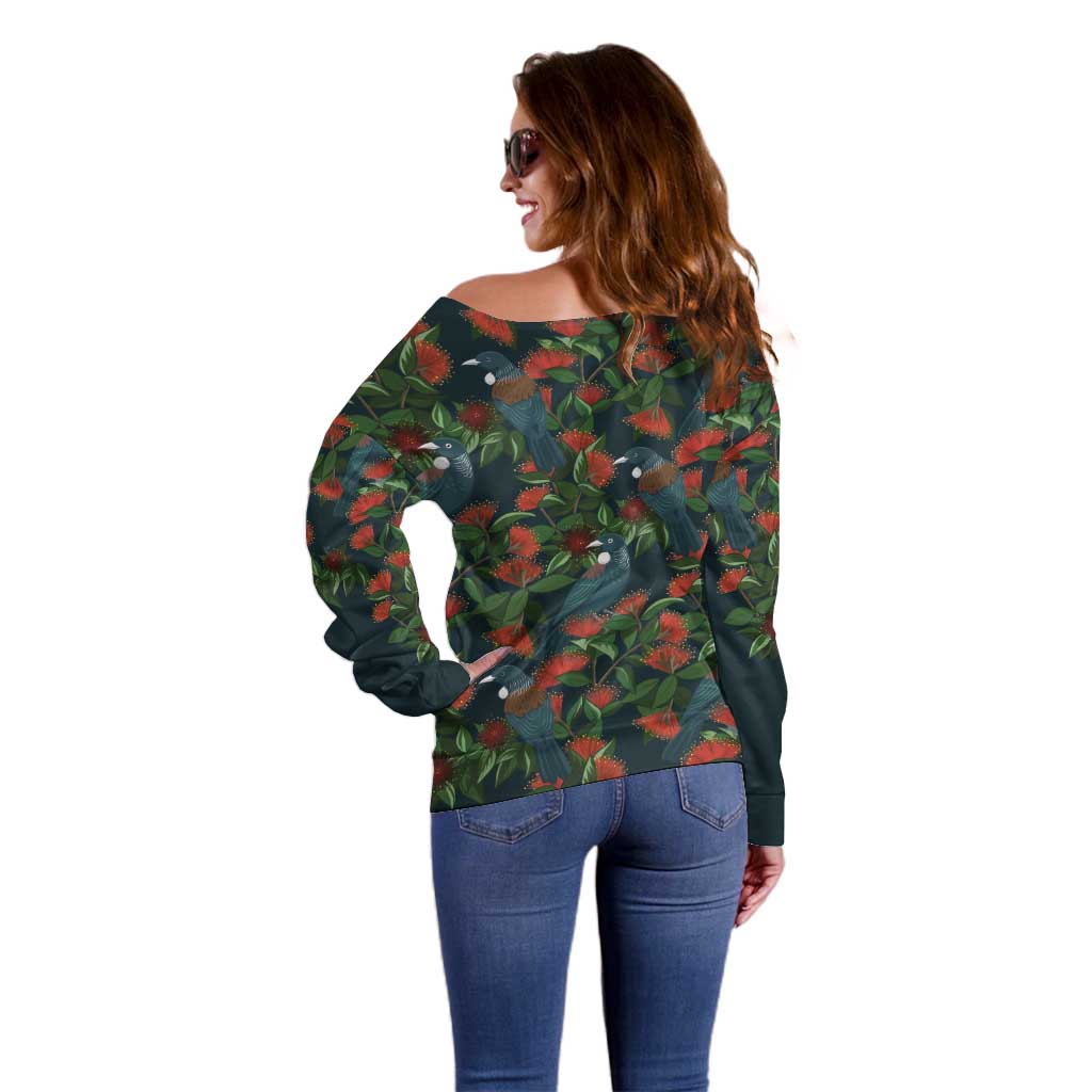 New Zealand Christmas Off Shoulder Sweater Romantic Tui Birds on Pohutukawa - Cobalt LT7 - Polynesian Pride