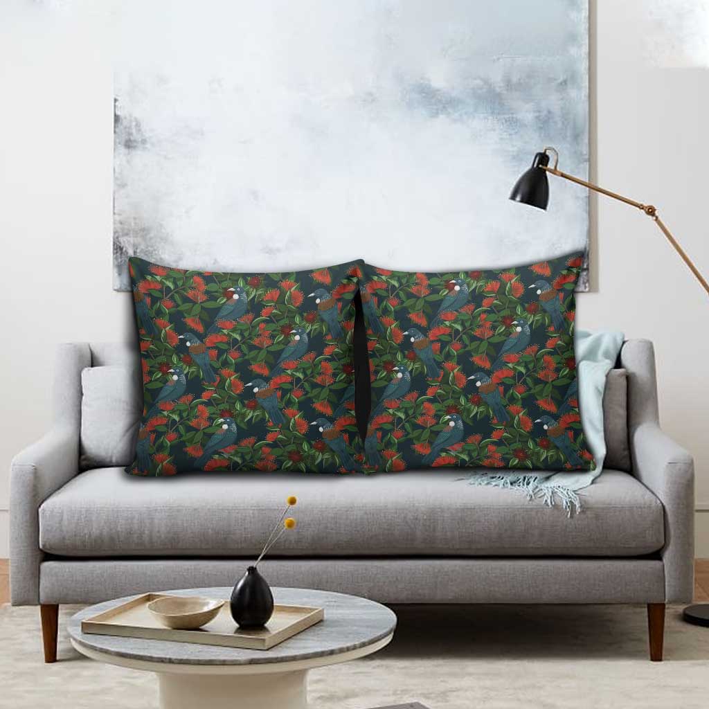 New Zealand Christmas Pillow Cover Romantic Tui Birds on Pohutukawa - Cobalt - Polynesian Pride