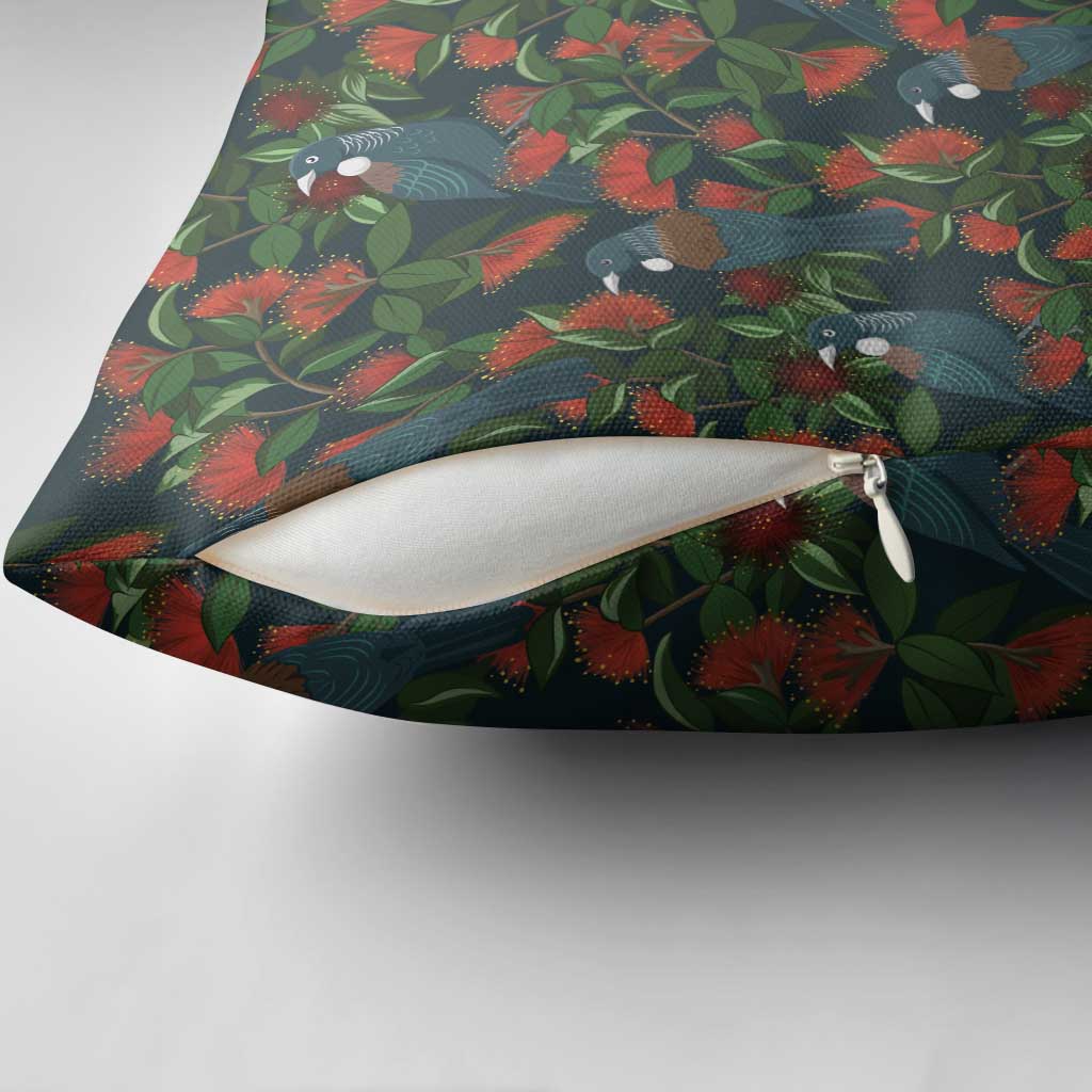 New Zealand Christmas Pillow Cover Romantic Tui Birds on Pohutukawa - Cobalt - Polynesian Pride