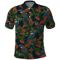 New Zealand Christmas Polo Shirt Romantic Tui Birds on Pohutukawa - Cobalt - Polynesian Pride