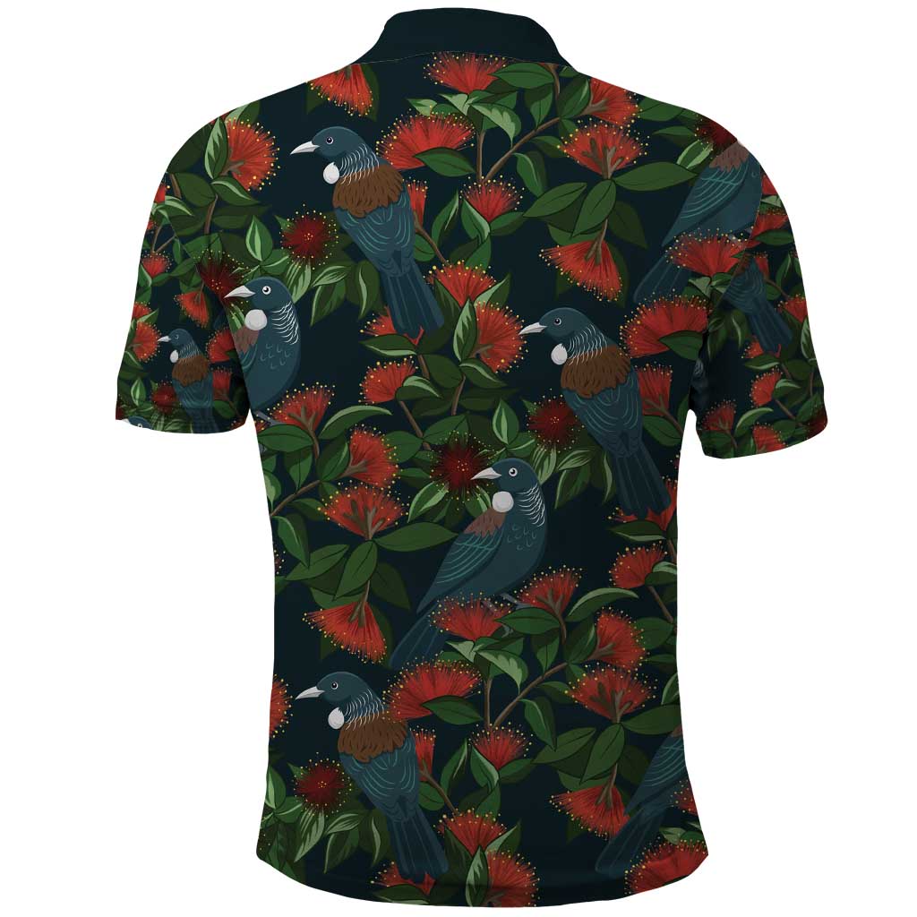 New Zealand Christmas Polo Shirt Romantic Tui Birds on Pohutukawa - Cobalt - Polynesian Pride
