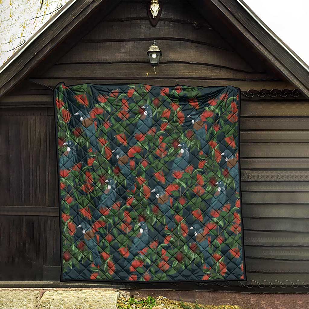 New Zealand Christmas Quilt Romantic Tui Birds on Pohutukawa - Cobalt - Polynesian Pride