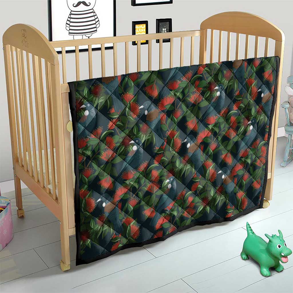 New Zealand Christmas Quilt Romantic Tui Birds on Pohutukawa - Cobalt - Polynesian Pride