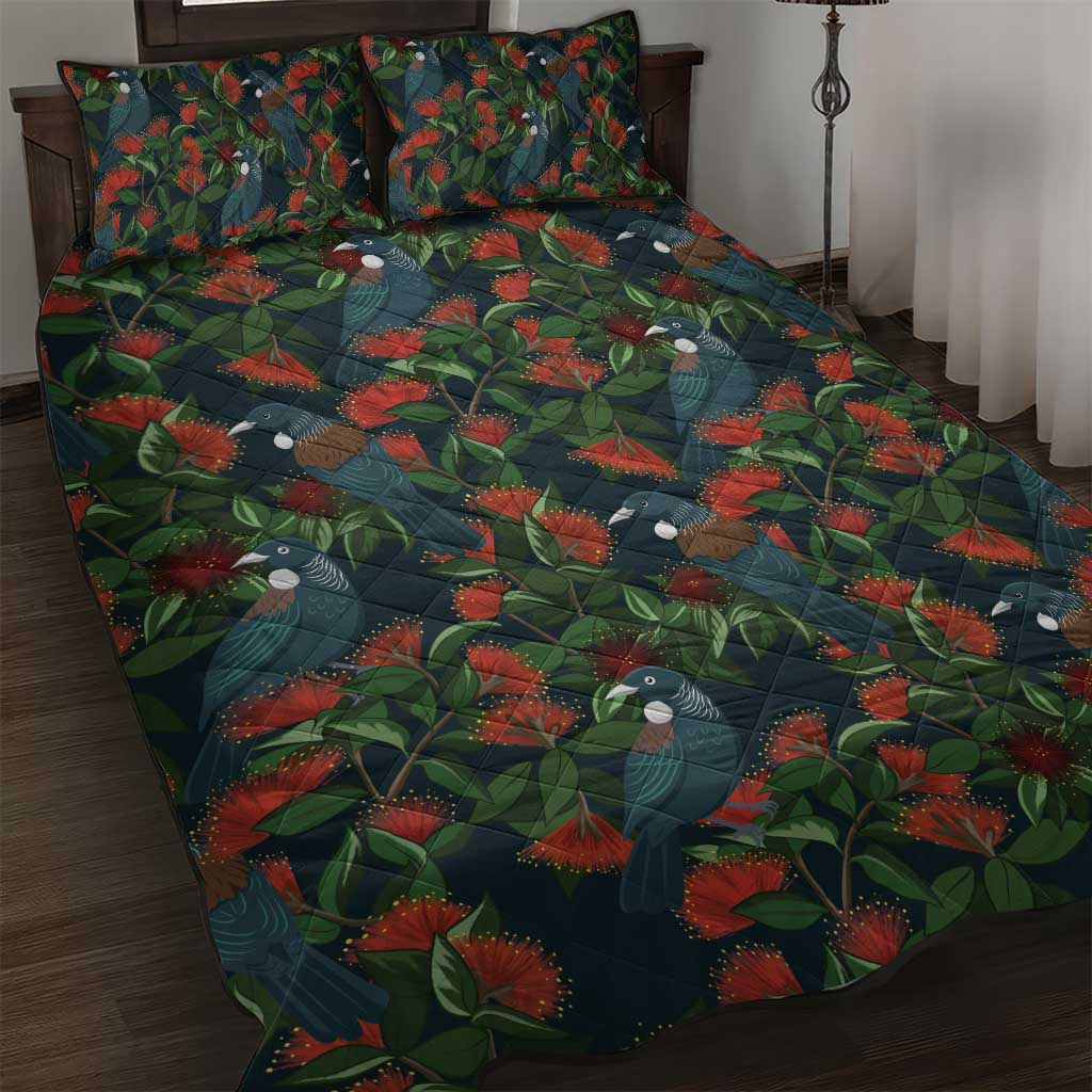New Zealand Christmas Quilt Bed Set Romantic Tui Birds on Pohutukawa - Cobalt - Polynesian Pride
