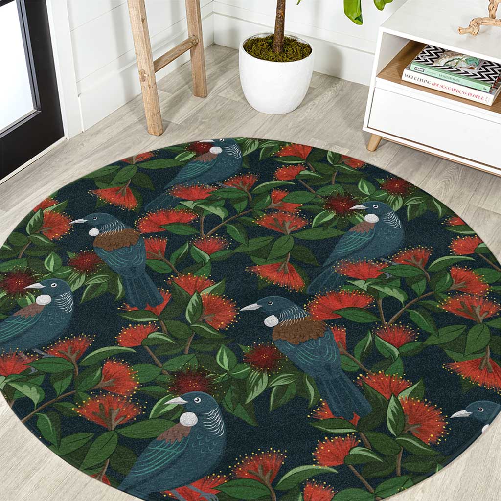 New Zealand Christmas Round Carpet Romantic Tui Birds on Pohutukawa - Cobalt LT7 Cobalt - Polynesian Pride