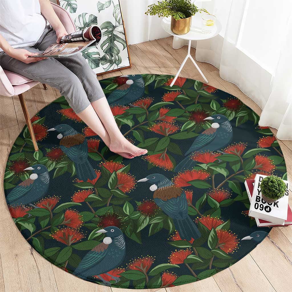 New Zealand Christmas Round Carpet Romantic Tui Birds on Pohutukawa - Cobalt LT7 - Polynesian Pride