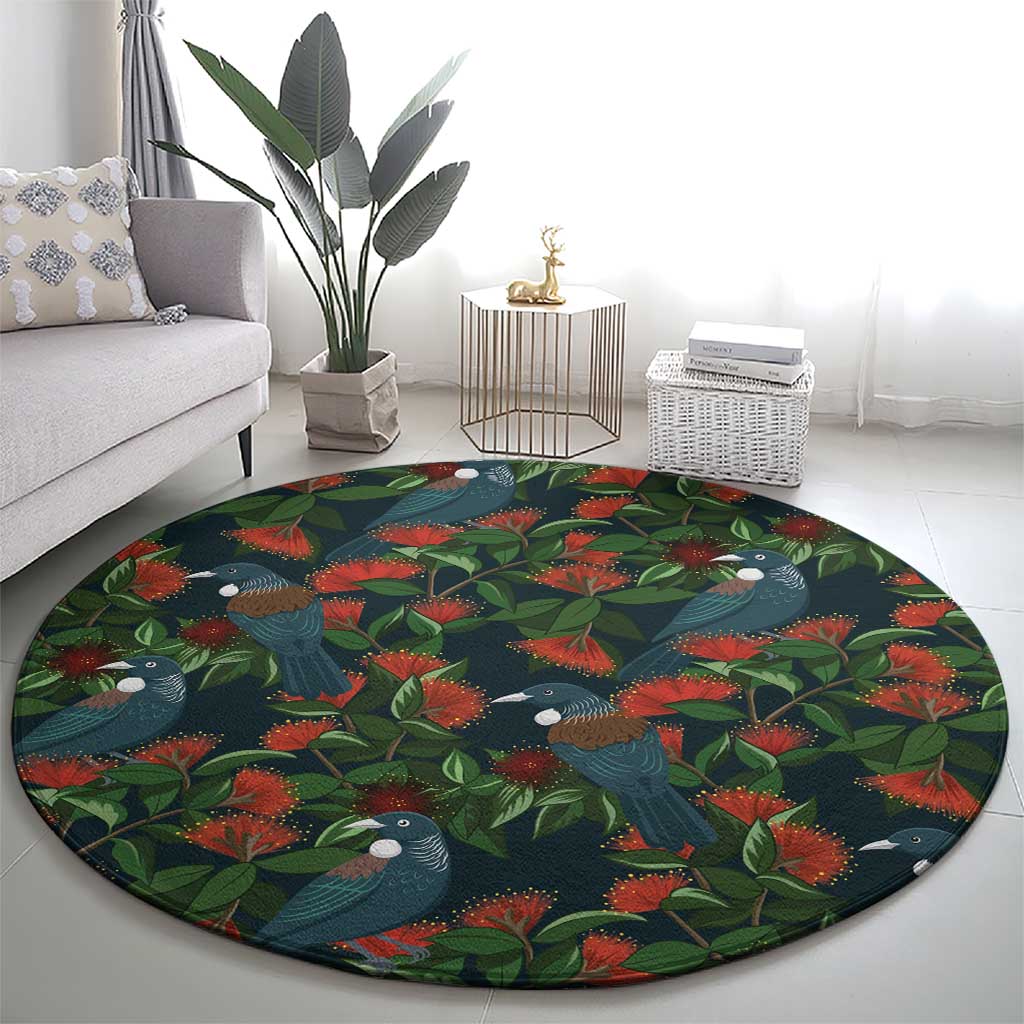 New Zealand Christmas Round Carpet Romantic Tui Birds on Pohutukawa - Cobalt LT7 - Polynesian Pride