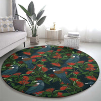 New Zealand Christmas Round Carpet Romantic Tui Birds on Pohutukawa - Cobalt LT7 - Polynesian Pride