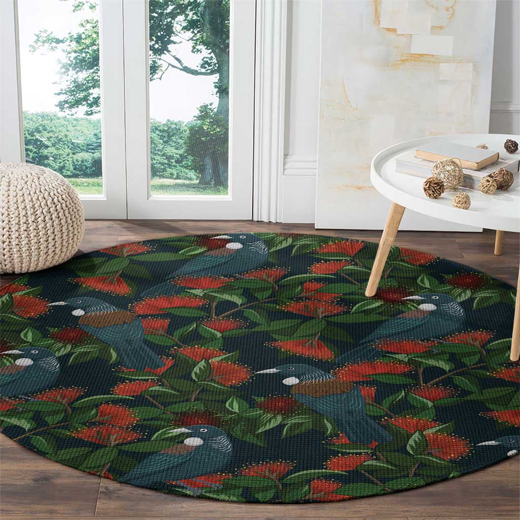 New Zealand Christmas Round Carpet Romantic Tui Birds on Pohutukawa - Cobalt LT7 - Polynesian Pride