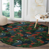 New Zealand Christmas Round Carpet Romantic Tui Birds on Pohutukawa - Cobalt LT7 - Polynesian Pride