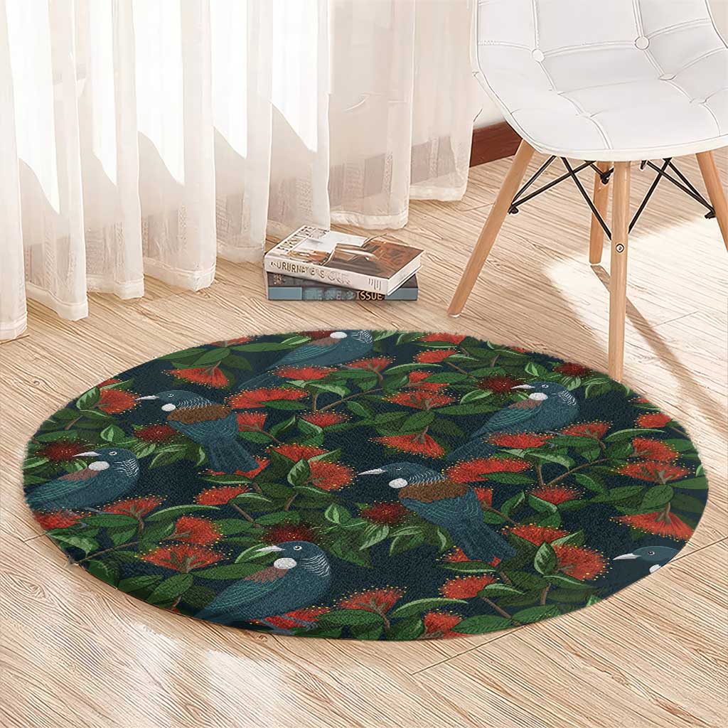 New Zealand Christmas Round Carpet Romantic Tui Birds on Pohutukawa - Cobalt LT7 - Polynesian Pride