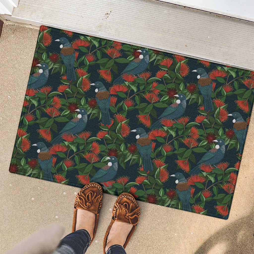 New Zealand Christmas Rubber Doormat Romantic Tui Birds on Pohutukawa - Cobalt - Polynesian Pride